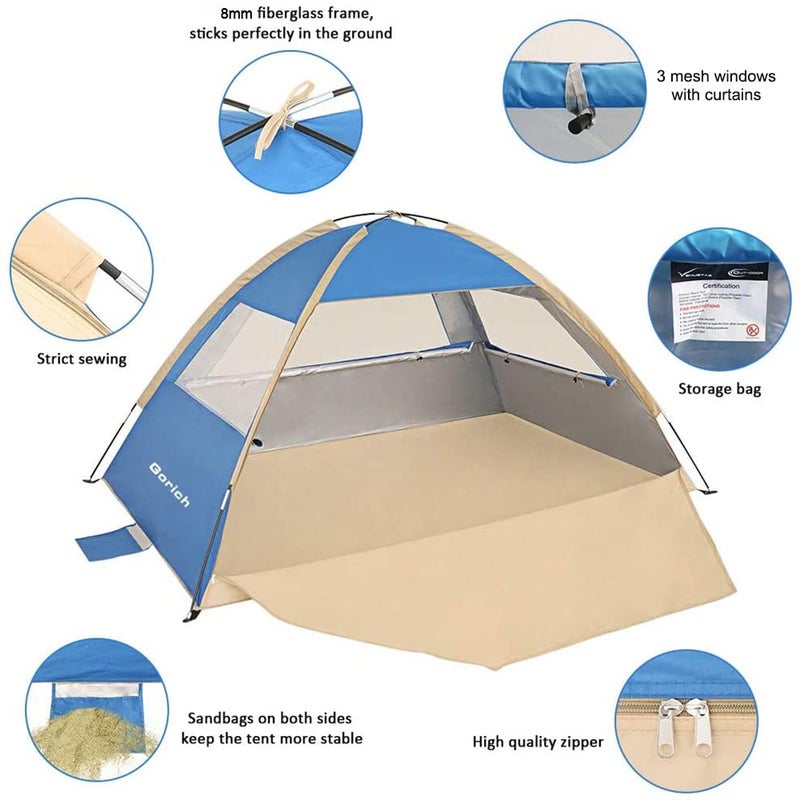Gorich Beach Tent, Shade Tent for 3 Person with UPF 50+ UV Protection, Portable Sun Shelter Canopy, Lightweight & Easy Setup Cabana Sapphire Blue - Image 4